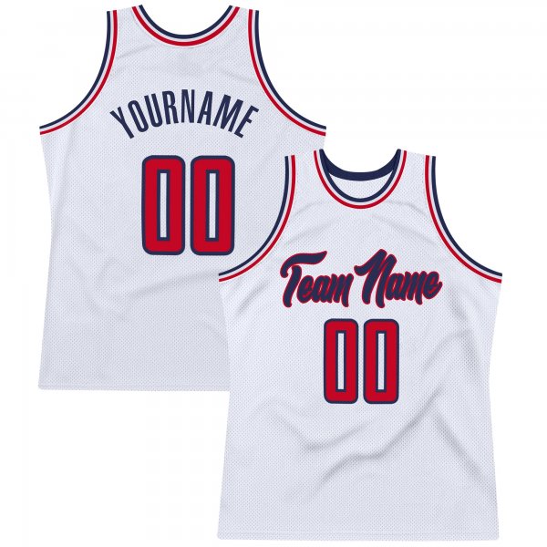 Men's Custom White Red-Navy Authentic Throwback Basketball Jersey