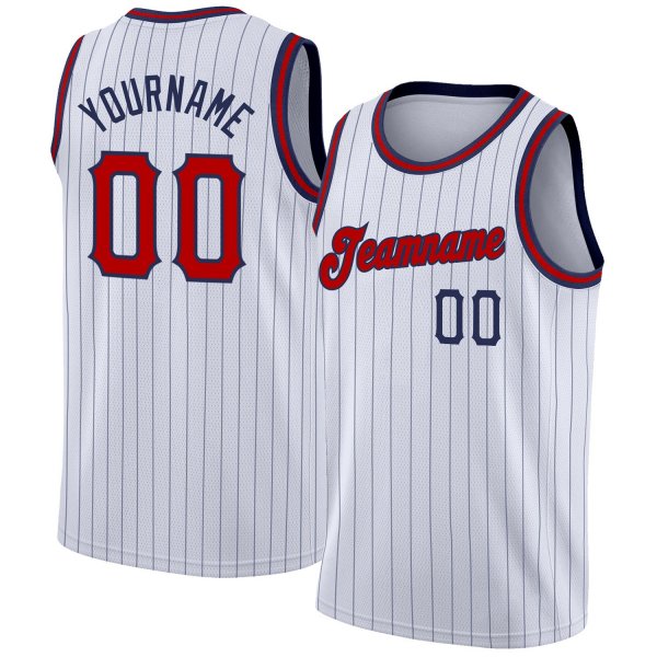 Men's Custom White Navy Pinstripe Red-Navy Authentic Basketball Jersey